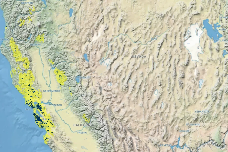 Trillium chloropetalum Native Range
