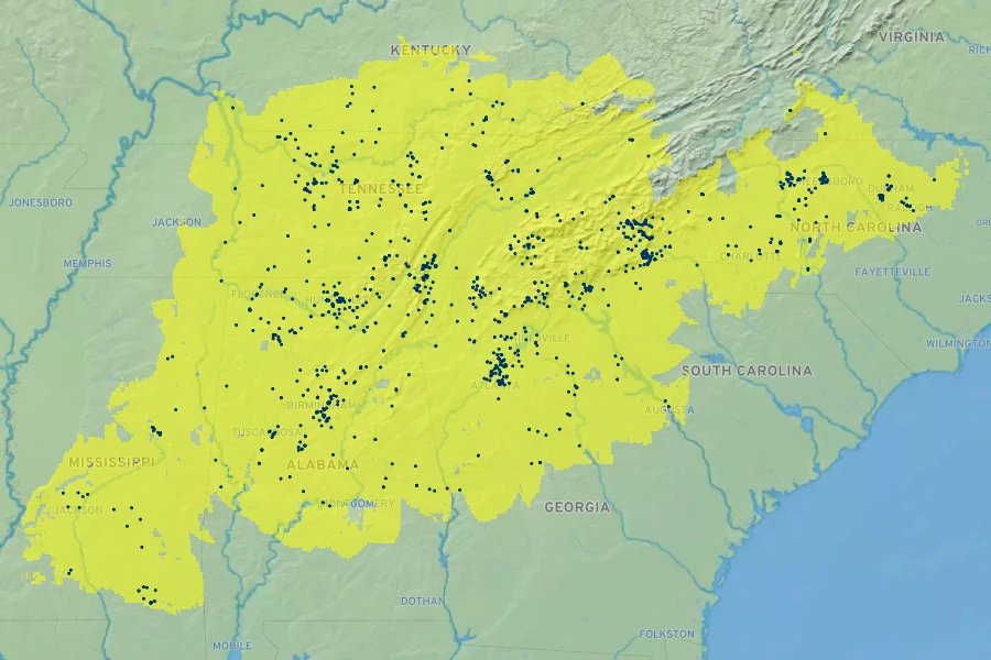Trillium cuneatum Native Range