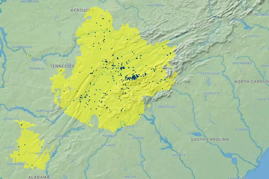 Trillium luteum Native Range