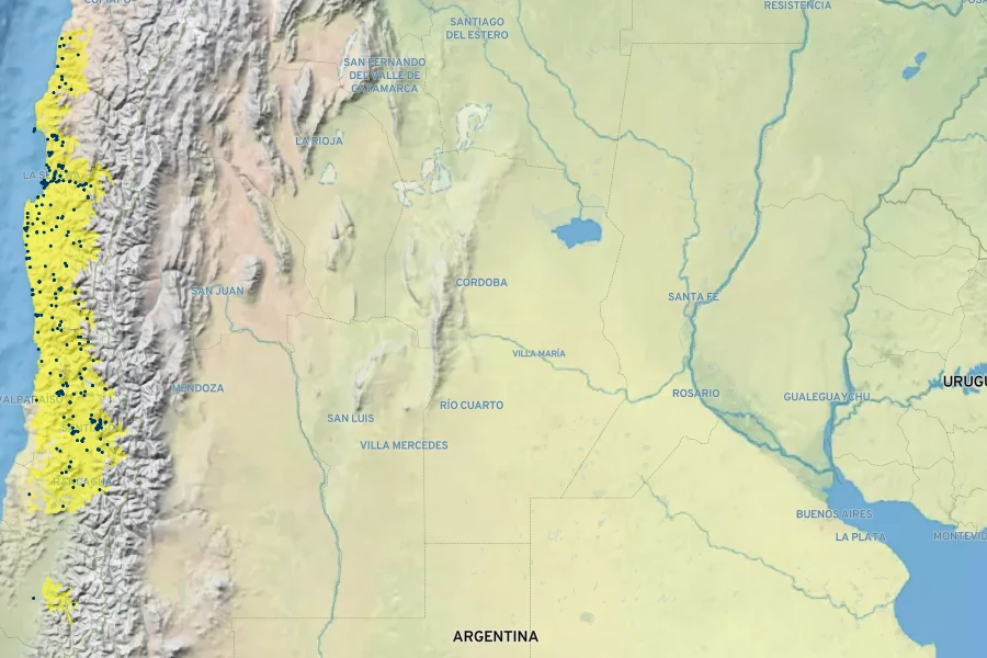 Tristerix aphyllus Native Range