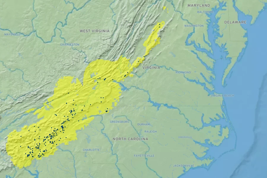 Tsuga caroliniana Native Range