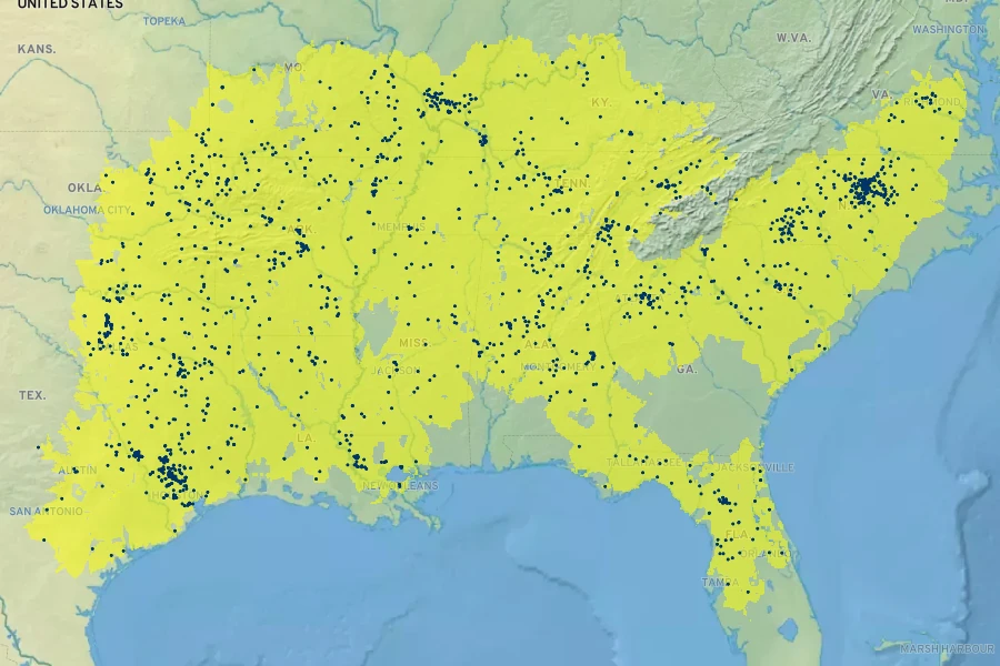Ulmus alata Native Range