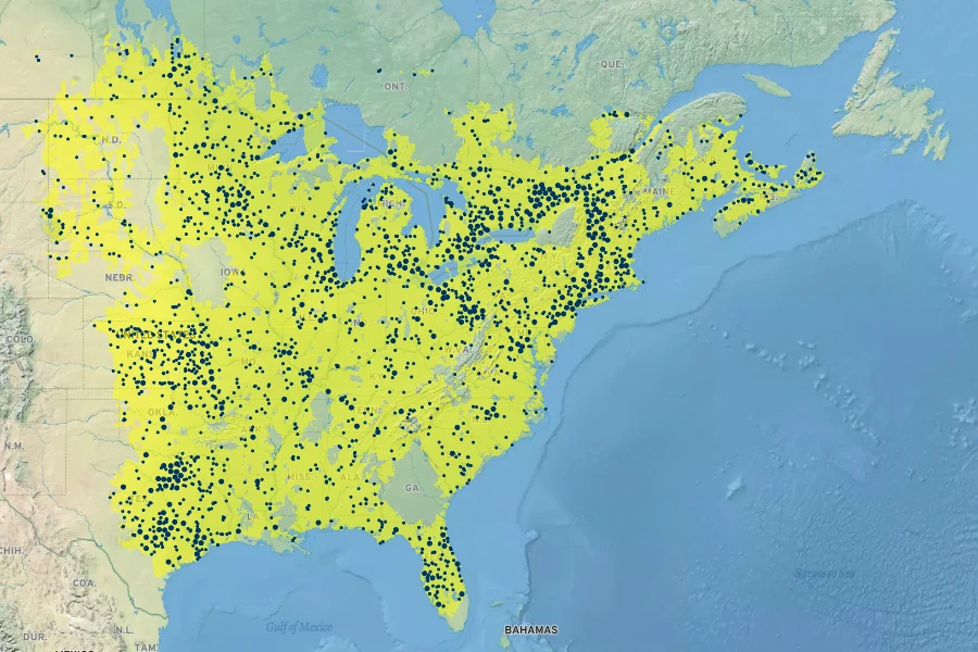 Ulmus americana Native Range