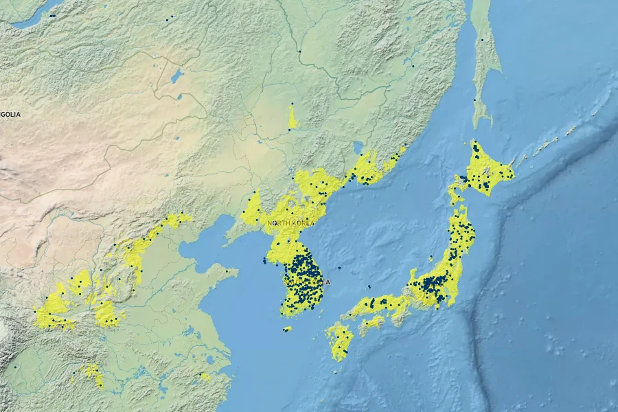 Ulmus japonica Native Range