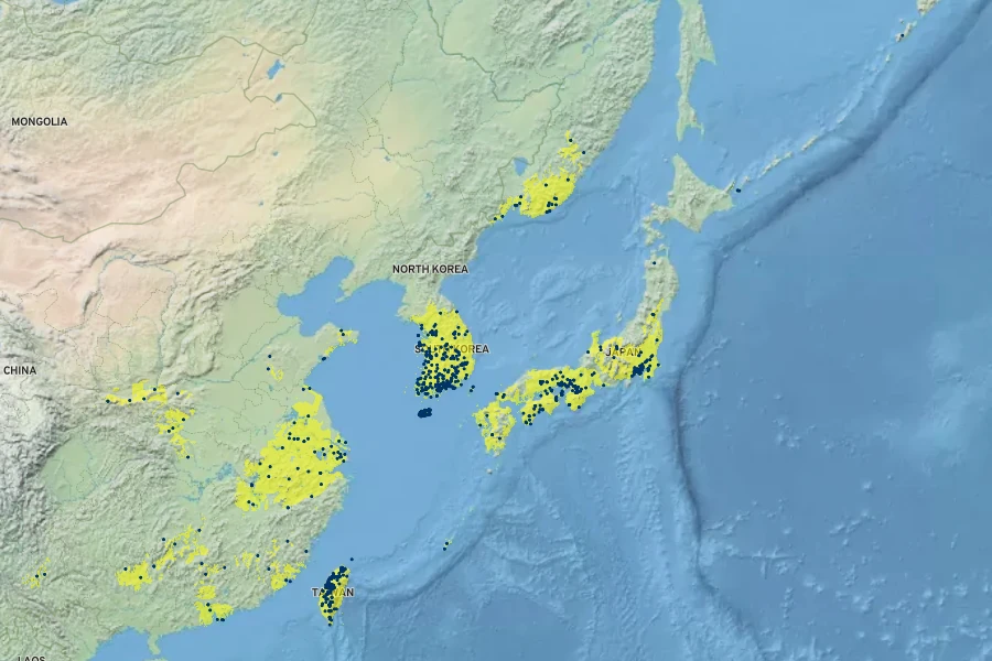 Ulmus parvifolia Native Range