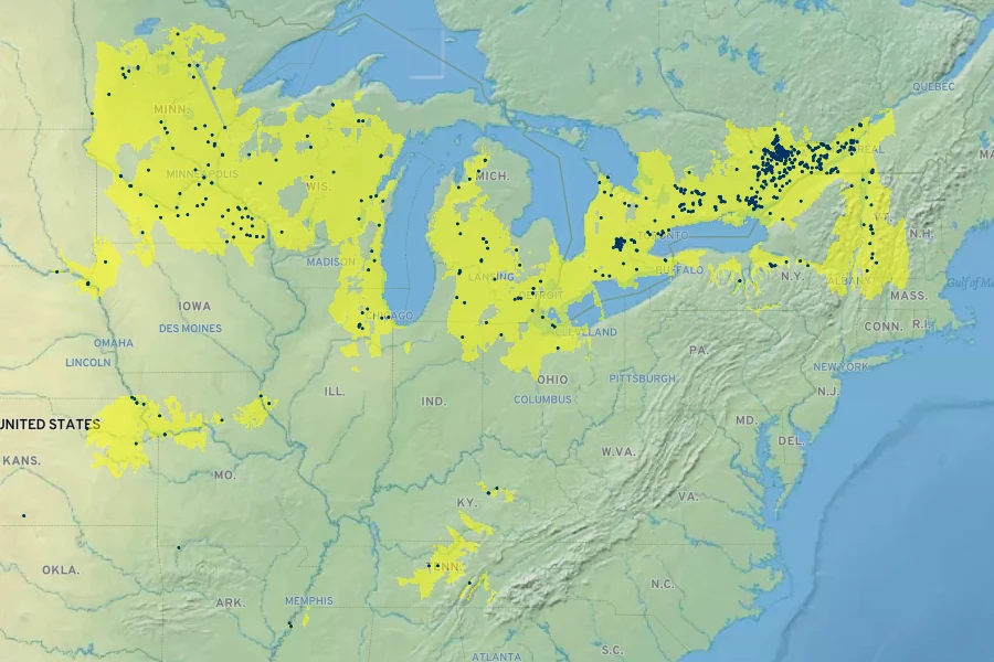 Ulmus thomasii Native Range