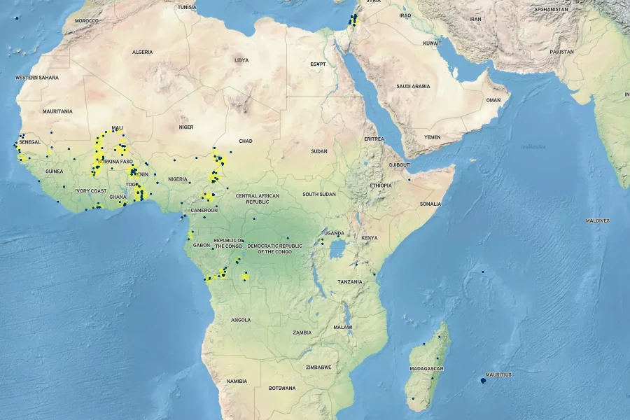 Urochloa mutica Native Range