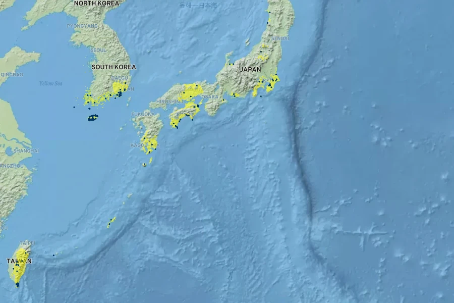 Viburnum awabuki Native Range