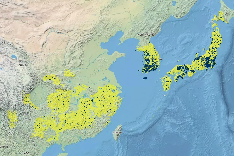Viburnum dilatatum Native Range