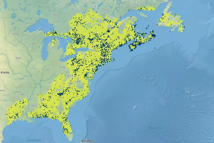 Viburnum nudum Native Range