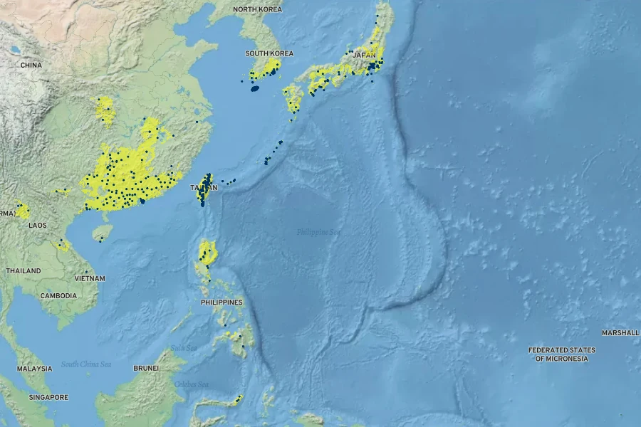 Viburnum odoratissimum Native Range