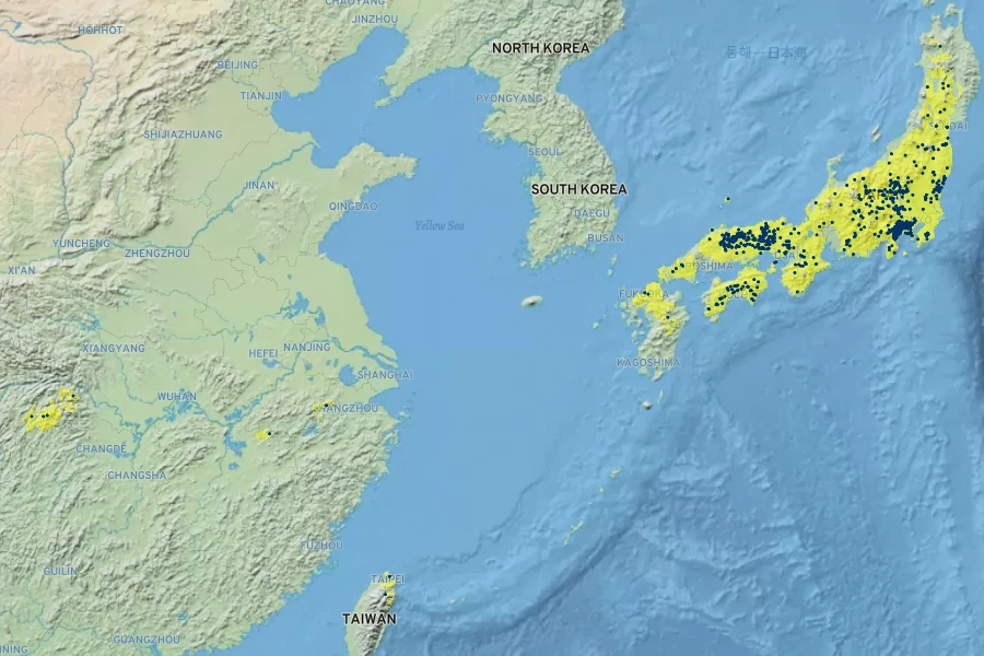 Viburnum plicatum f. tomentosum Native Range