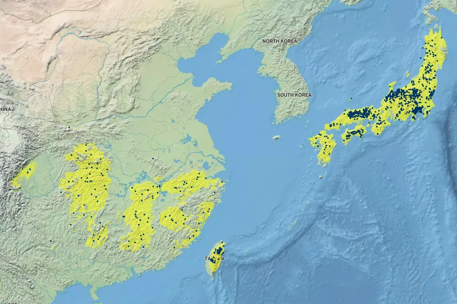 Viburnum plicatum Native Range
