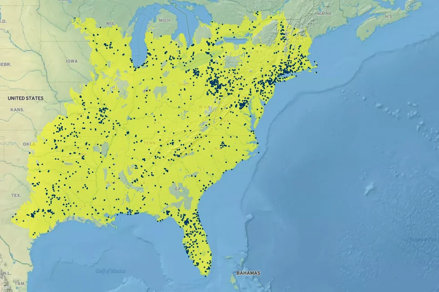 Vitis aestivalis Native Range