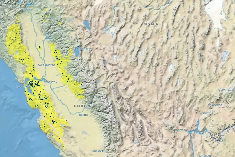 Wyethia helenioides Native Range