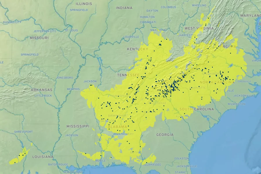 Xanthorhiza simplicissima Native Range