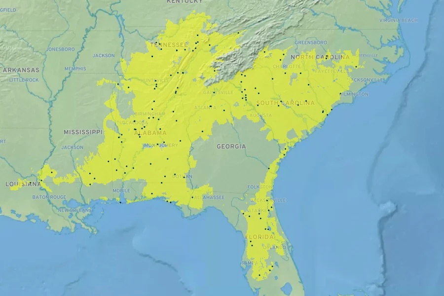Yucca flaccida Native Range