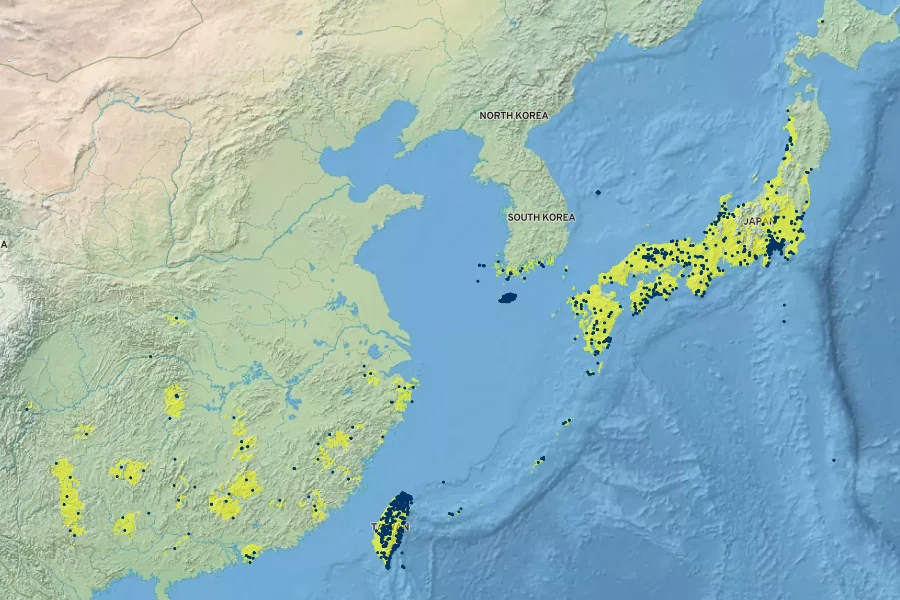 Zanthoxylum ailanthoides Native Range