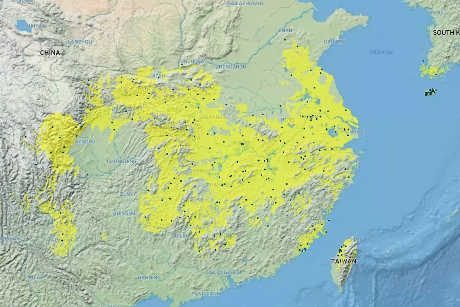Zanthoxylum simulans Native Range